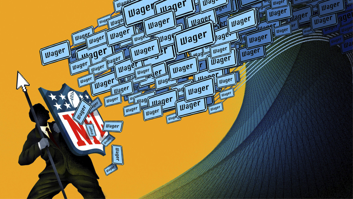 An illustration in the style of 1990s internet of a man holding the NFL shield to fend off a wave wager notifications.